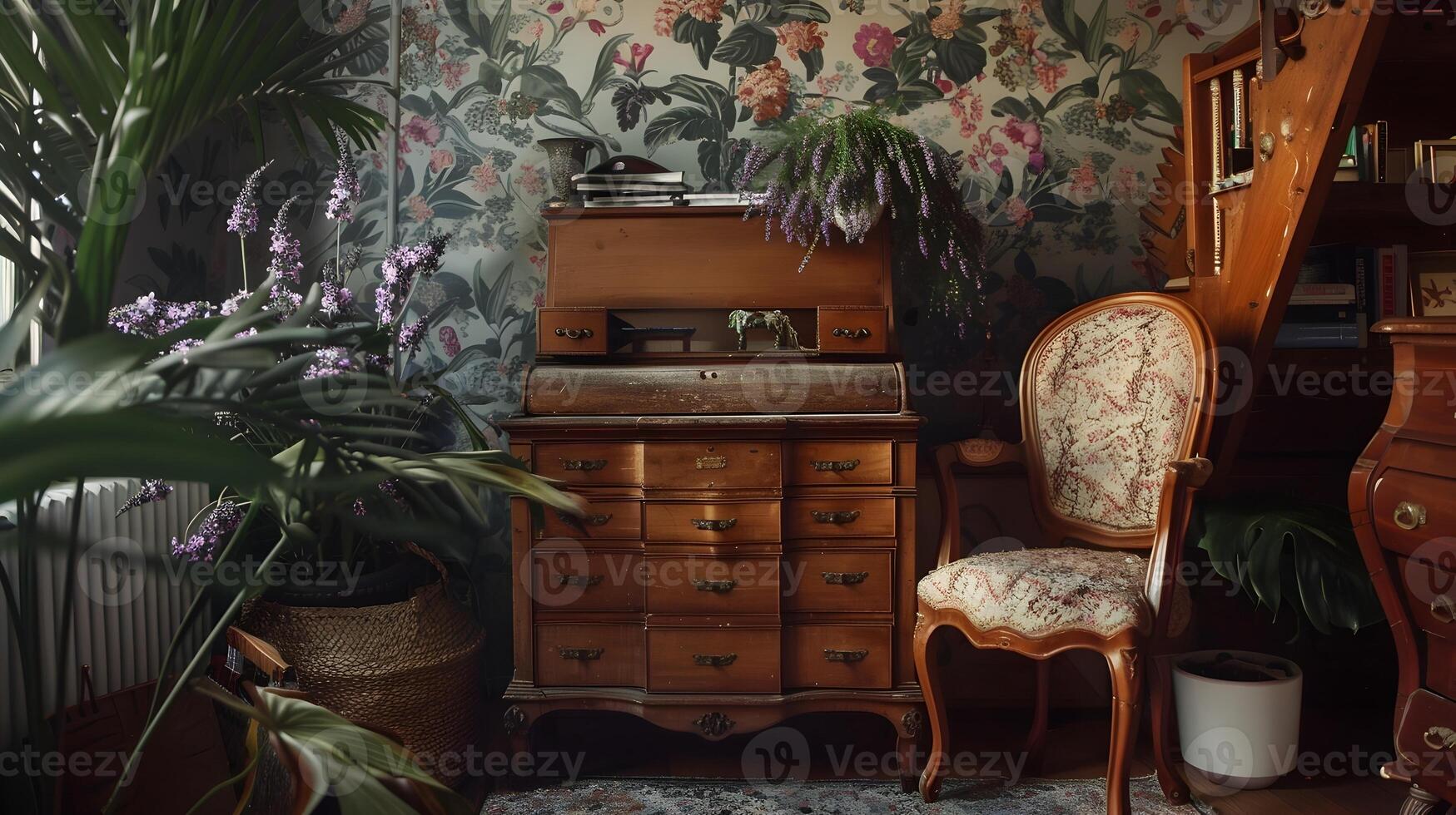 årgång Hem studie elegant ek skrivbord i en blommig chintz rum med lavendel- accenter foto