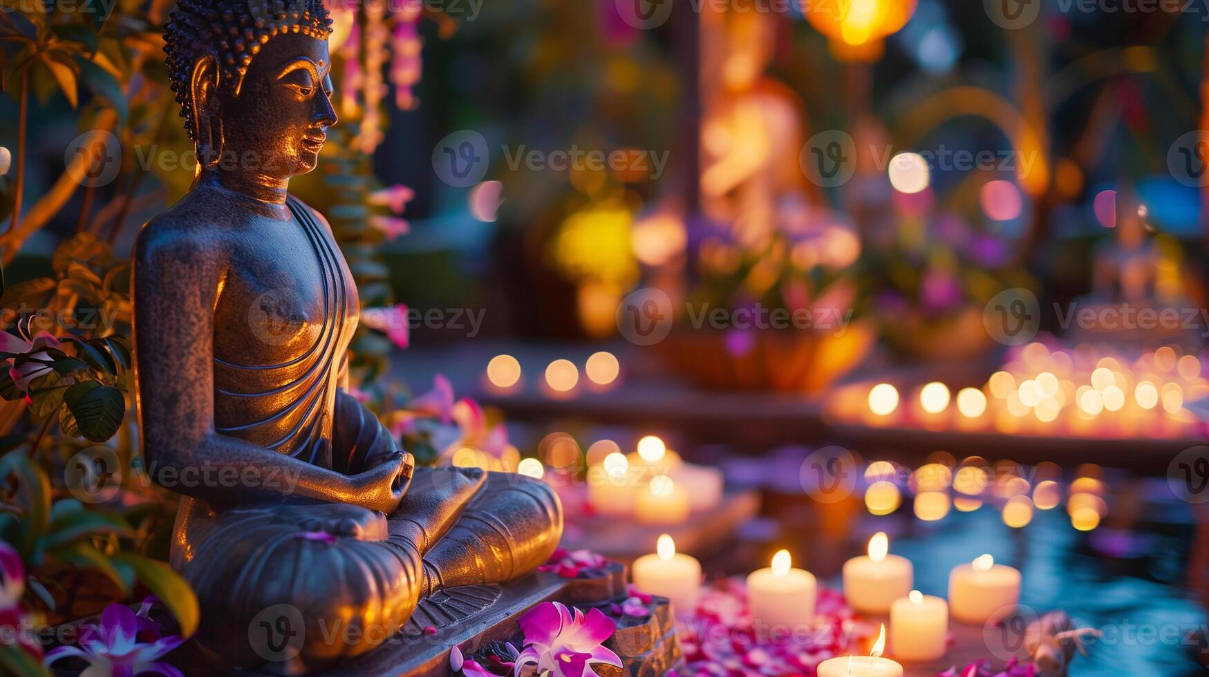 en buddha staty omgiven förbi brinnande ljus och blommor. de begrepp av Lycklig Vesak dag. erfarenhet de lugn skönhet av en buddist helgon. de bokeh effekt i de bakgrund. foto