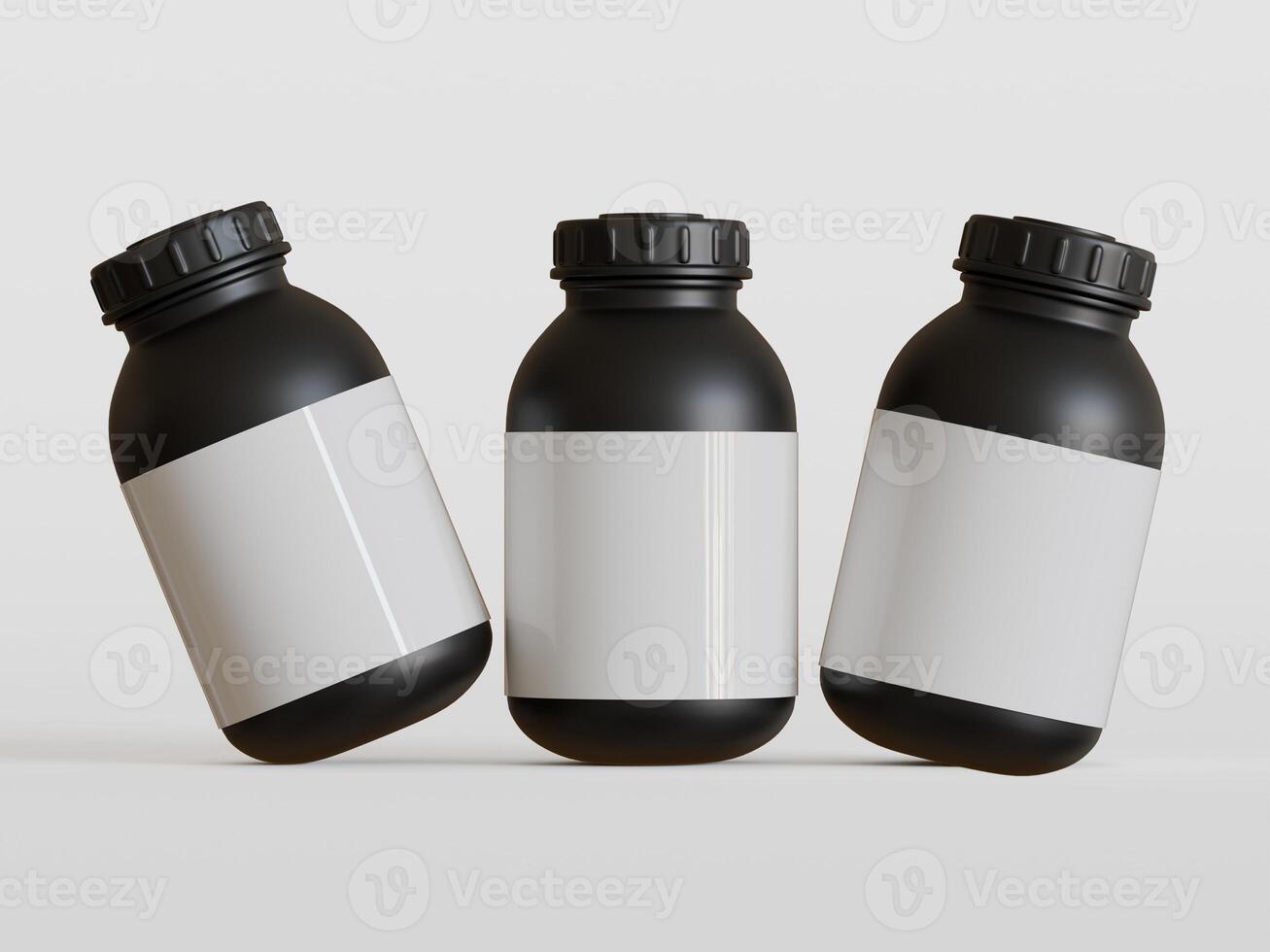 svart plast flaska med tom märka på vit bakgrund, 3d tolkning. foto