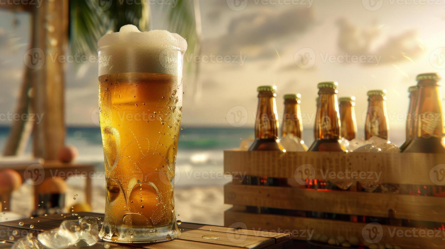 glas av öl med is kuber på trä- tabell på tropisk strand på solnedgång foto