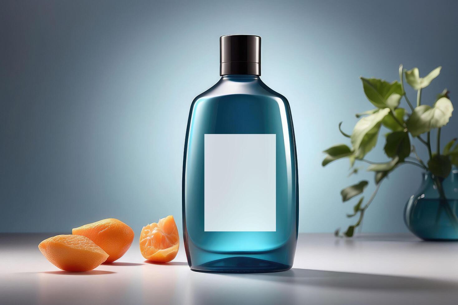 blå genomskinlig flaska med svart keps och citrus- accent - vibrerande hudvård produkt attrapp för uppfriskande skönhet och wellness branding foto