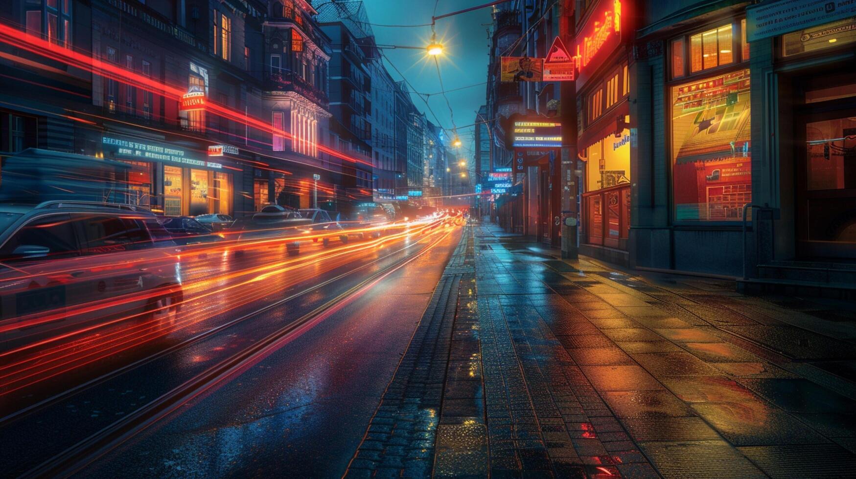 en gata scen med en ljus spår från de stad foto