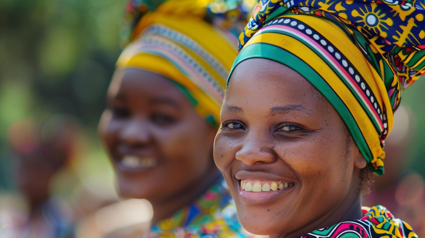 afrikansk kvinnor leende bär traditionell Kläder foto