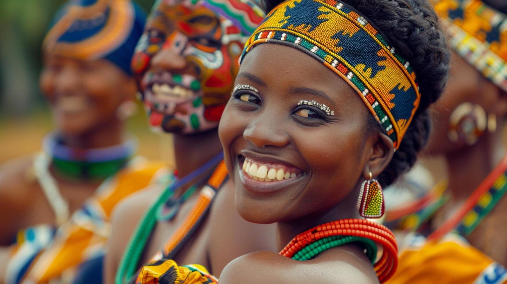 afrikansk kvinnor leende bär traditionell Kläder foto