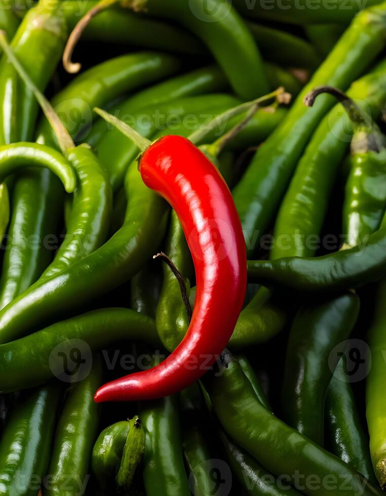 kontrast röd chili i en stack av grön chilipeppar bakgrund foto