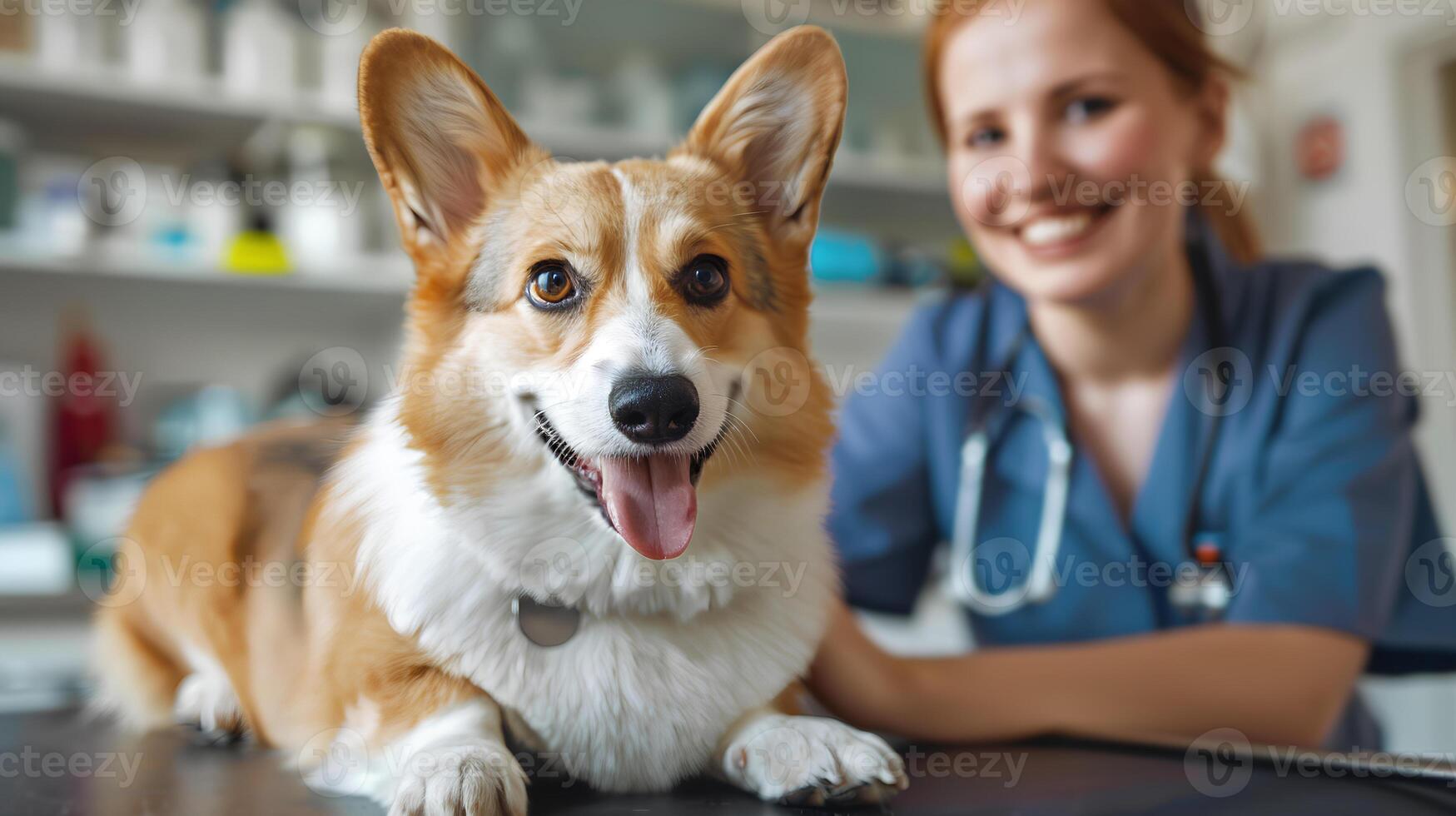 en corgi sitter på undersökning tabell och kvinna läkare i en veterinären undersökning rum foto