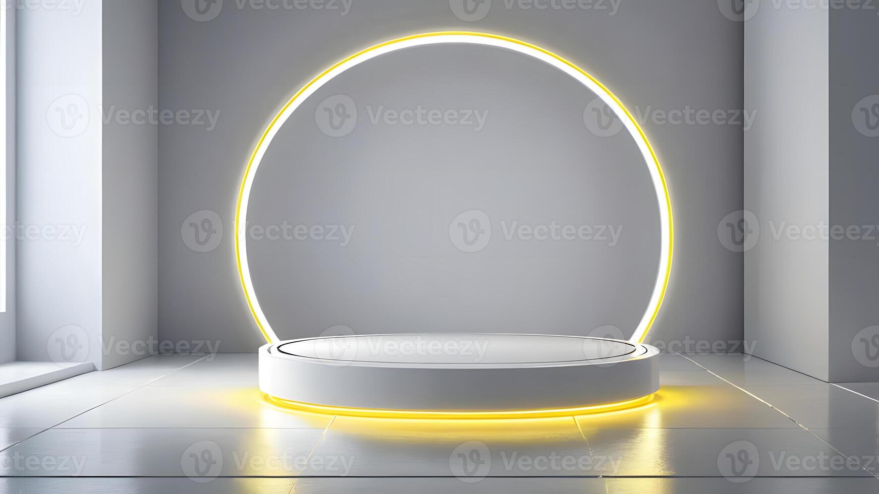 glans silver- cylinder piedestal podium. sci-fi vit tömma rum begrepp med semi cirkel lysande gul neon belysning foto
