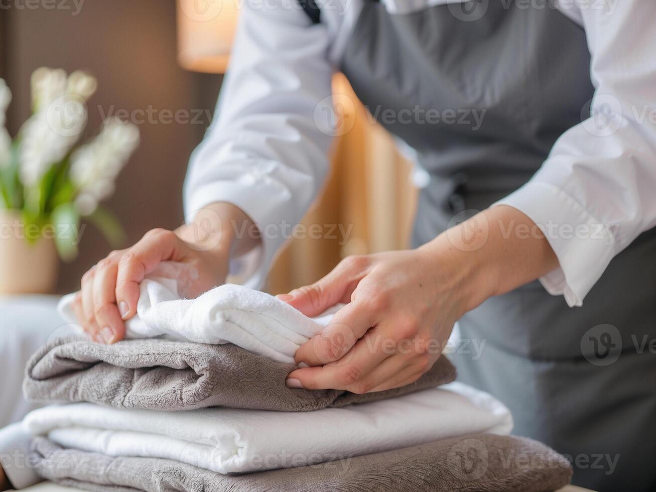 hotell personal framställning handdukar för gäster. närbild av hand professionell kammarinna sätta en stack av handdukar. foto