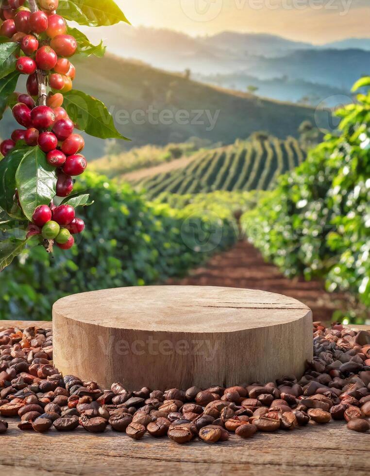 tömma trä podium omgiven förbi kaffe bönor med kaffe växt med röd frukt foto