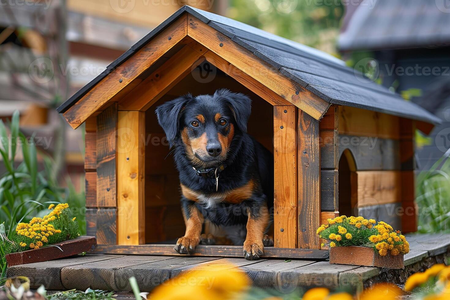 en hund är Sammanträde i en trä- hund hus foto