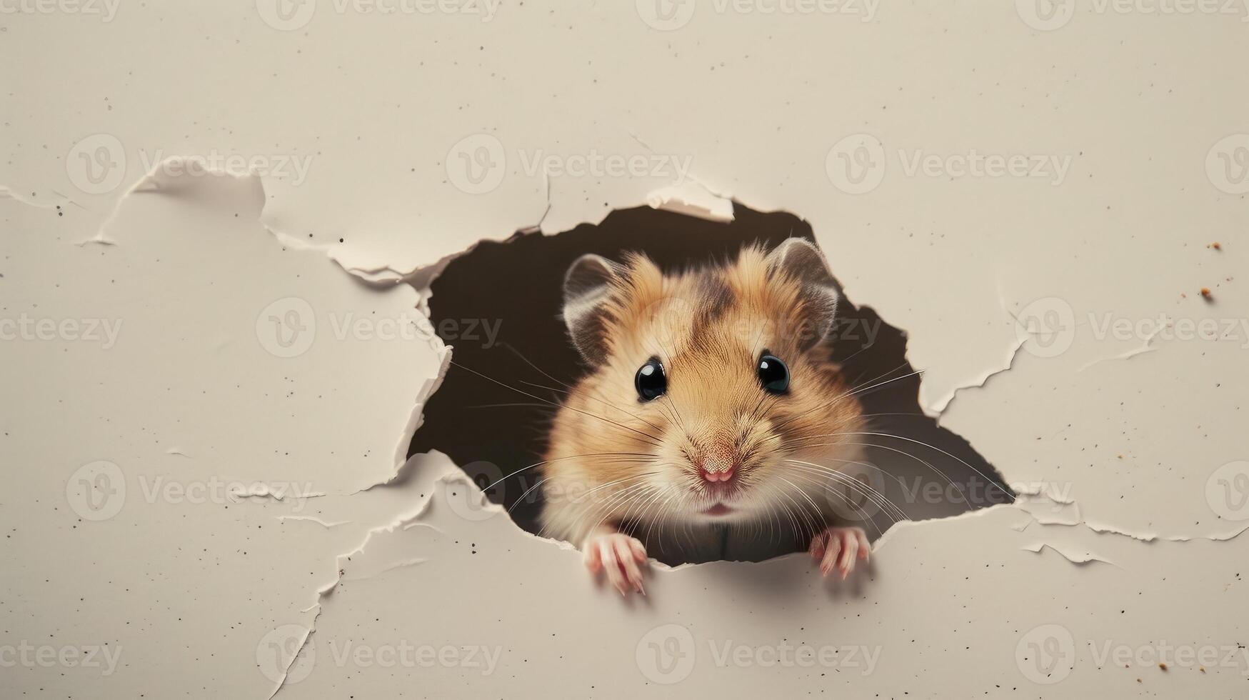 en fundersam hamster framväxande från en riva i grå papper. utseende ut av de glipa foto