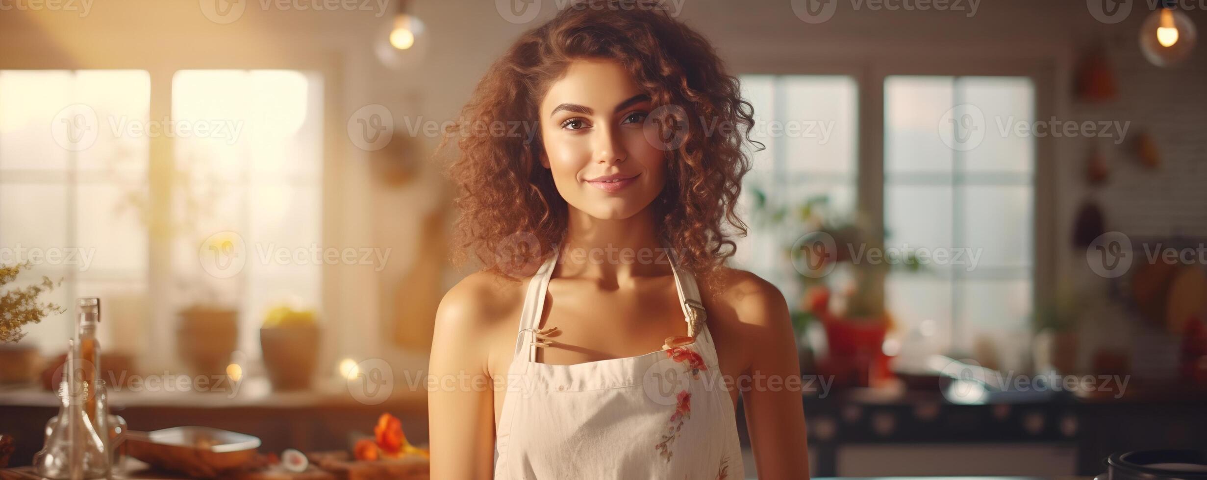 porträtt av en mode kvinna i de kök, lockigt hårstrån av en kvinna, porträtt av en Söt ung mode modell, Söt mode flicka baner foto