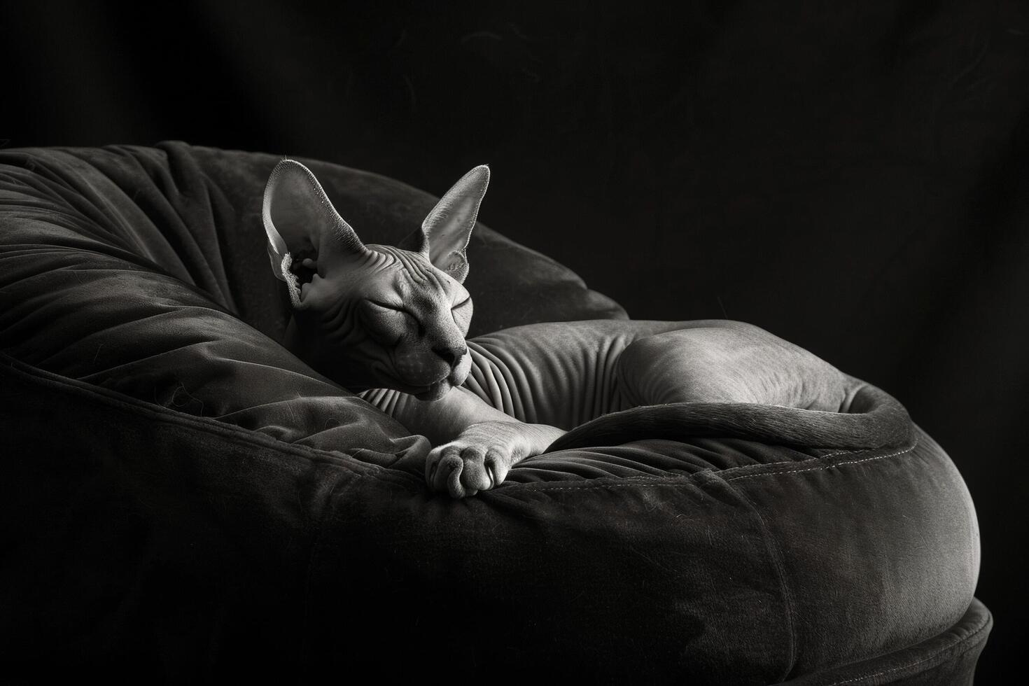 en elegant och graciös sphynx katt liggande på en plysch sammet prydnadskudde, dess värma hud lysande i de mjuk ljus foto