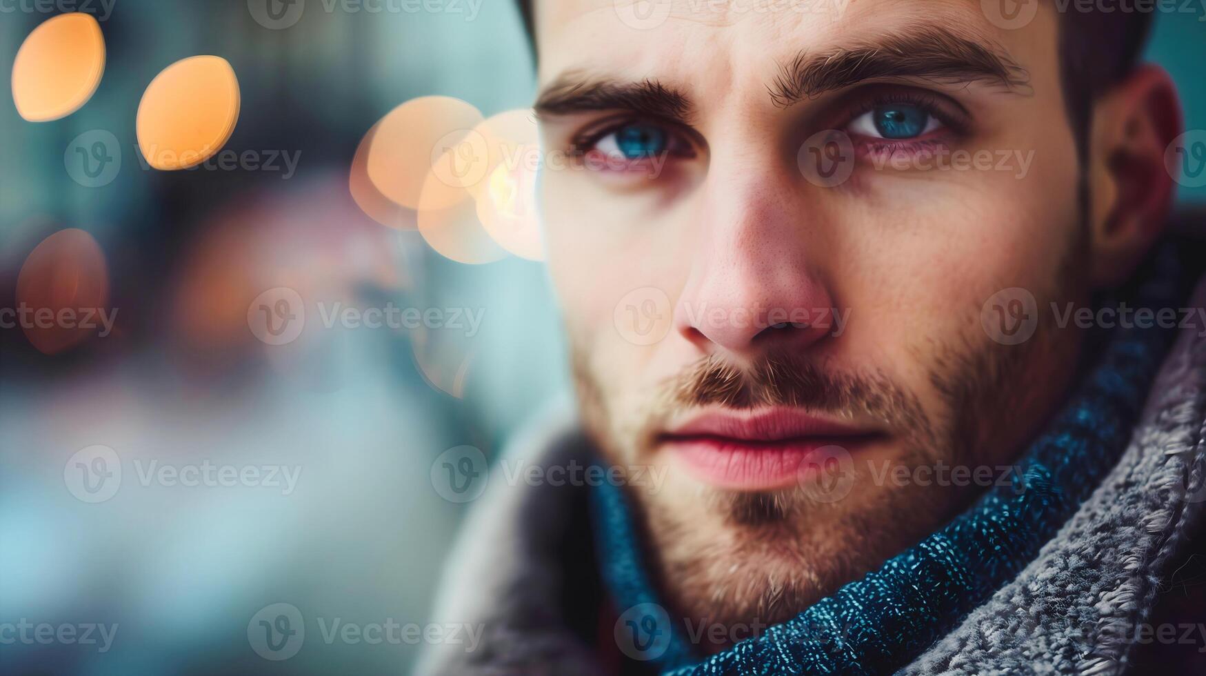 närbild porträtt av stilig ung elegant man med blå ögon, manlig modell, mode och livsstil, människor bakgrund foto