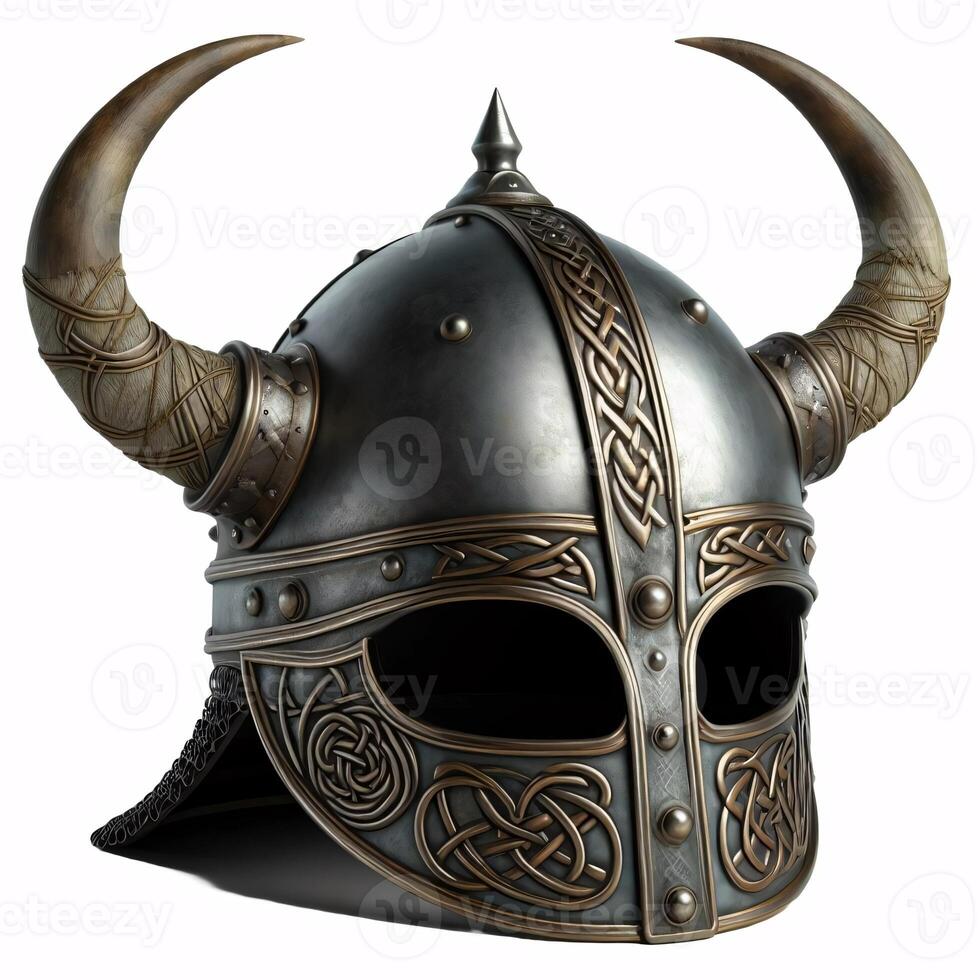 en viking hjälm med två horn, tillverkad av metall med en celtic Knut design runt om de botten foto