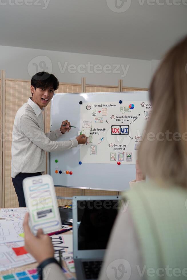 ux utvecklare och ui designer presenter mobil app gränssnitt design på whiteboard i möte på kontor. kreativ digital utveckling mobil app byrå. digital omvandling foto