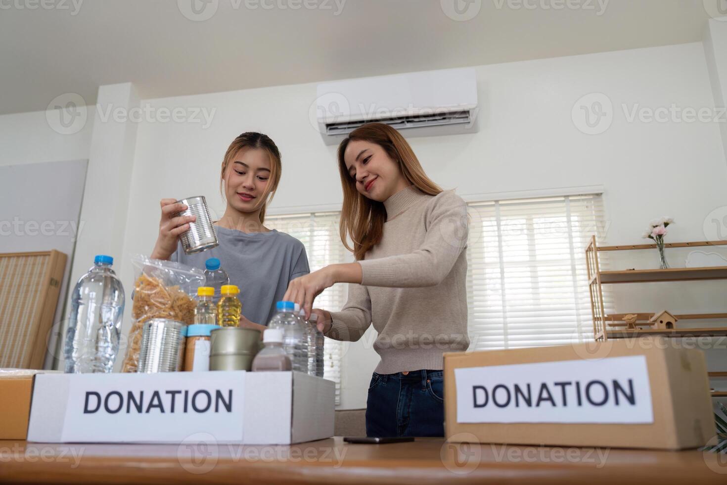 donation och två kvinna volontär- asiatisk av Lycklig förpackning mat i låda på Hem. välgörenhet foto