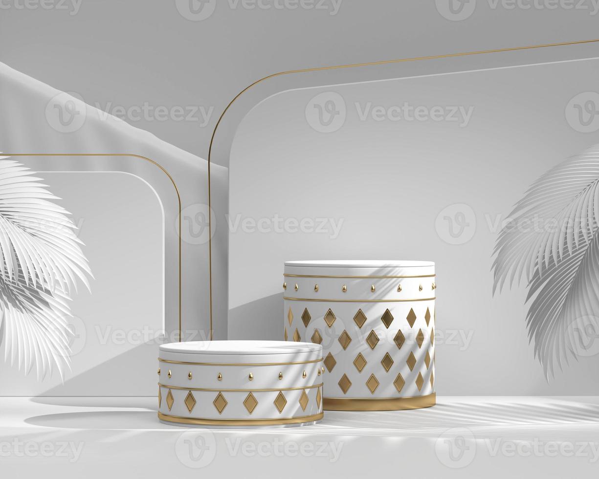 abstrakt vit podiummonter för produktvisning med palmblad 3d-rendering foto