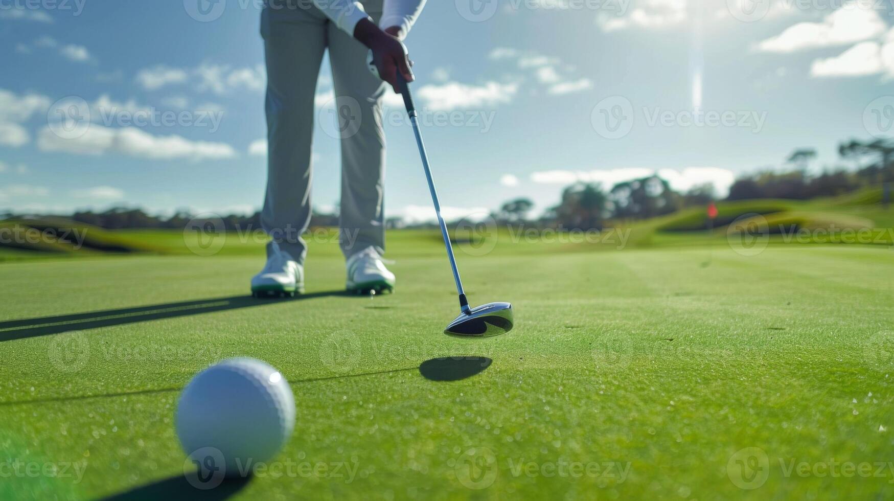 golf boll och putter på de grön med golfspelare framställning för en putta på en solig dag foto