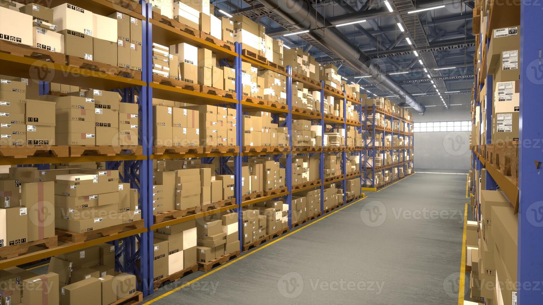 omfattande lagring byggnad full av Produkter placerad på industriell kuggstänger med taggar och etiketter, kommersiell varor. distribution Centrum utrustad för logistiskt importera exportera systemet. foto