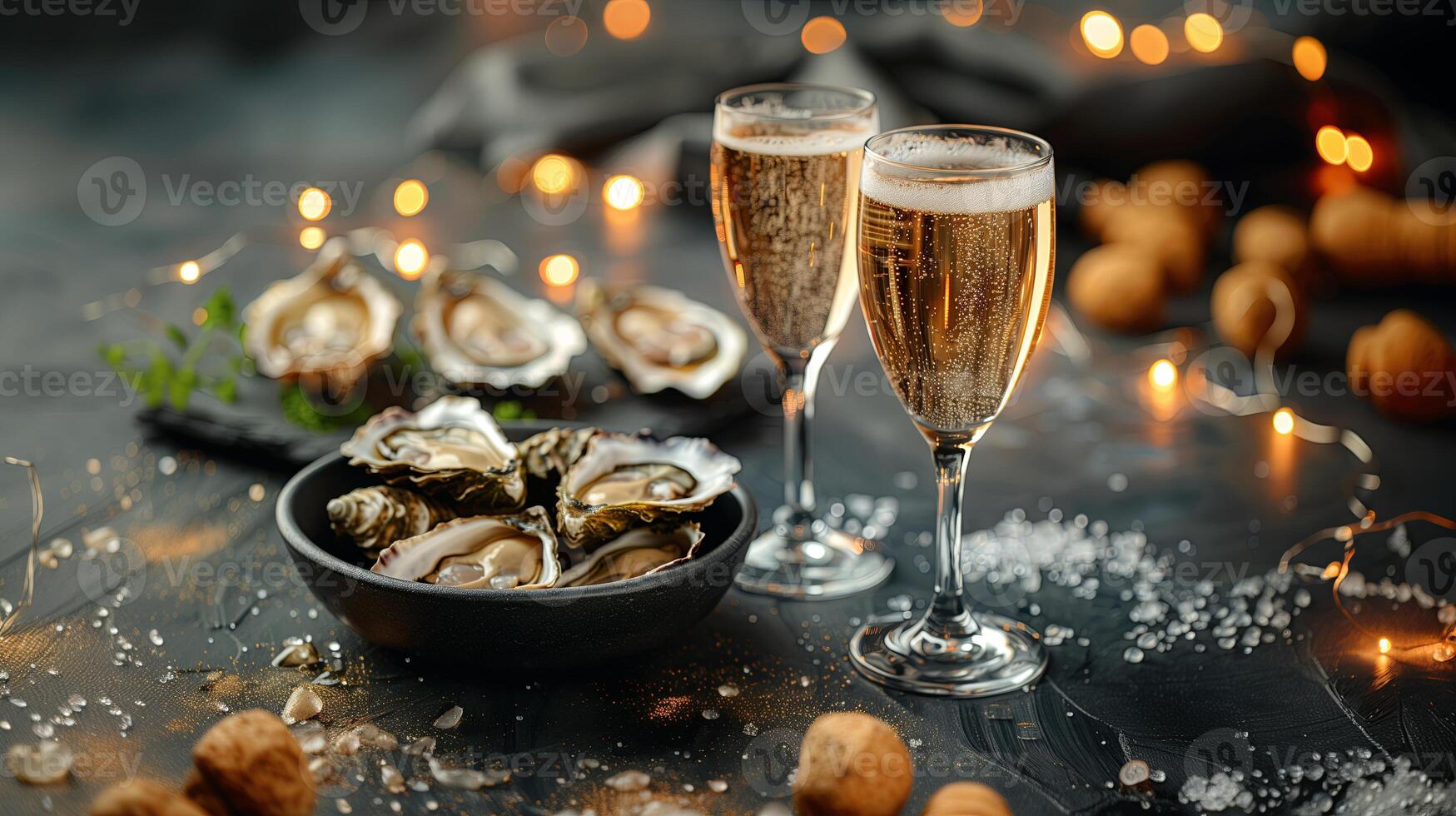 champagne glasögon med gnistrande vin och flaska i en skål nära ostron. hög kvalitet Foto