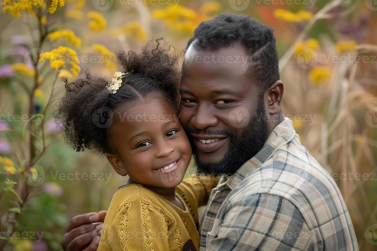 en liten afrikansk amerikan flicka kramas henne far i natur. foto