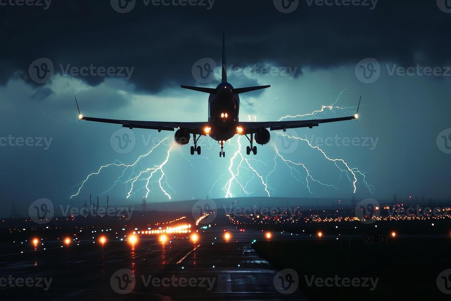 en landning flygplan slog förbi en blixt- i de himmel. foto