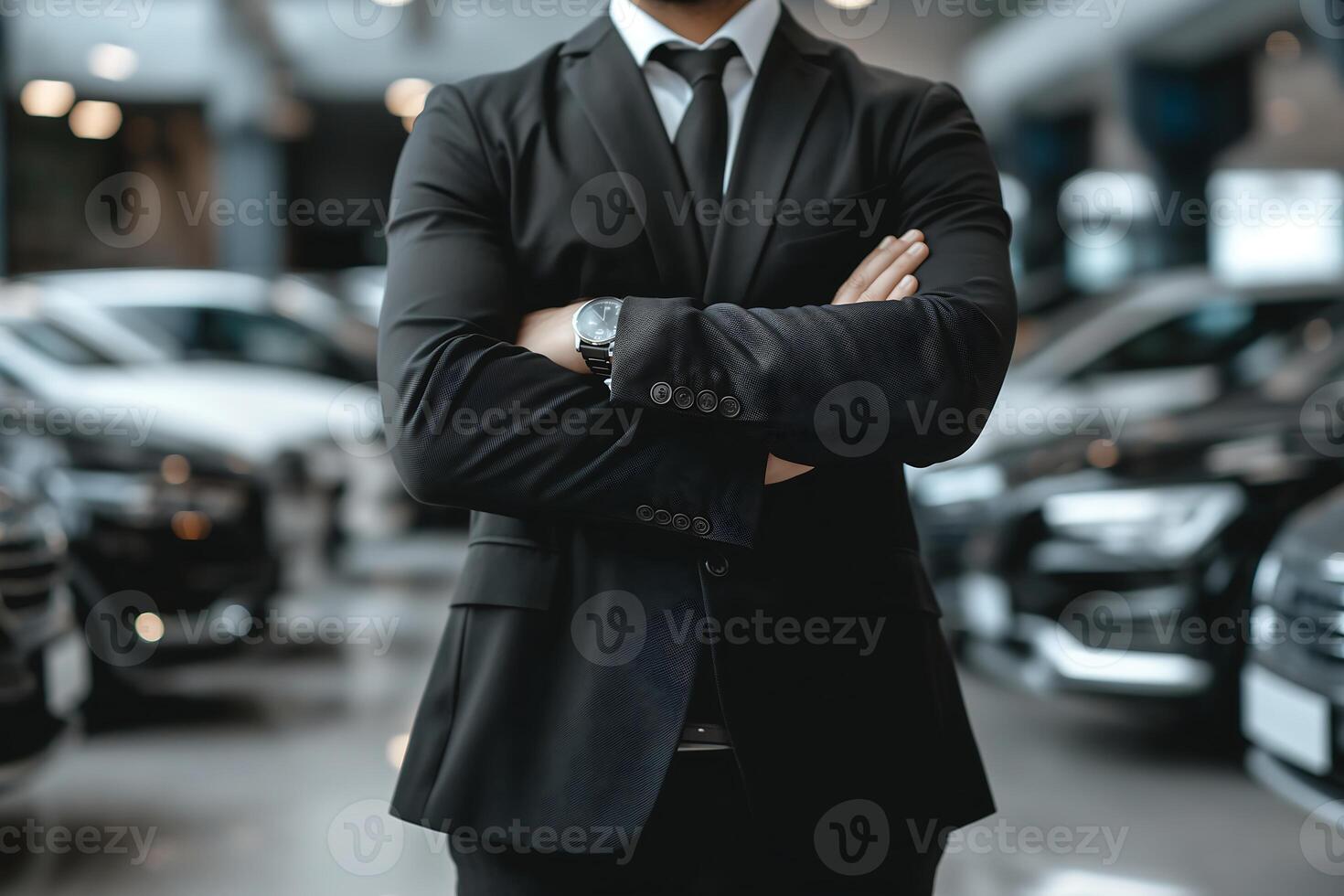 närbild affärsman bär en svart kostym stående inuti en bil utställningslokal foto