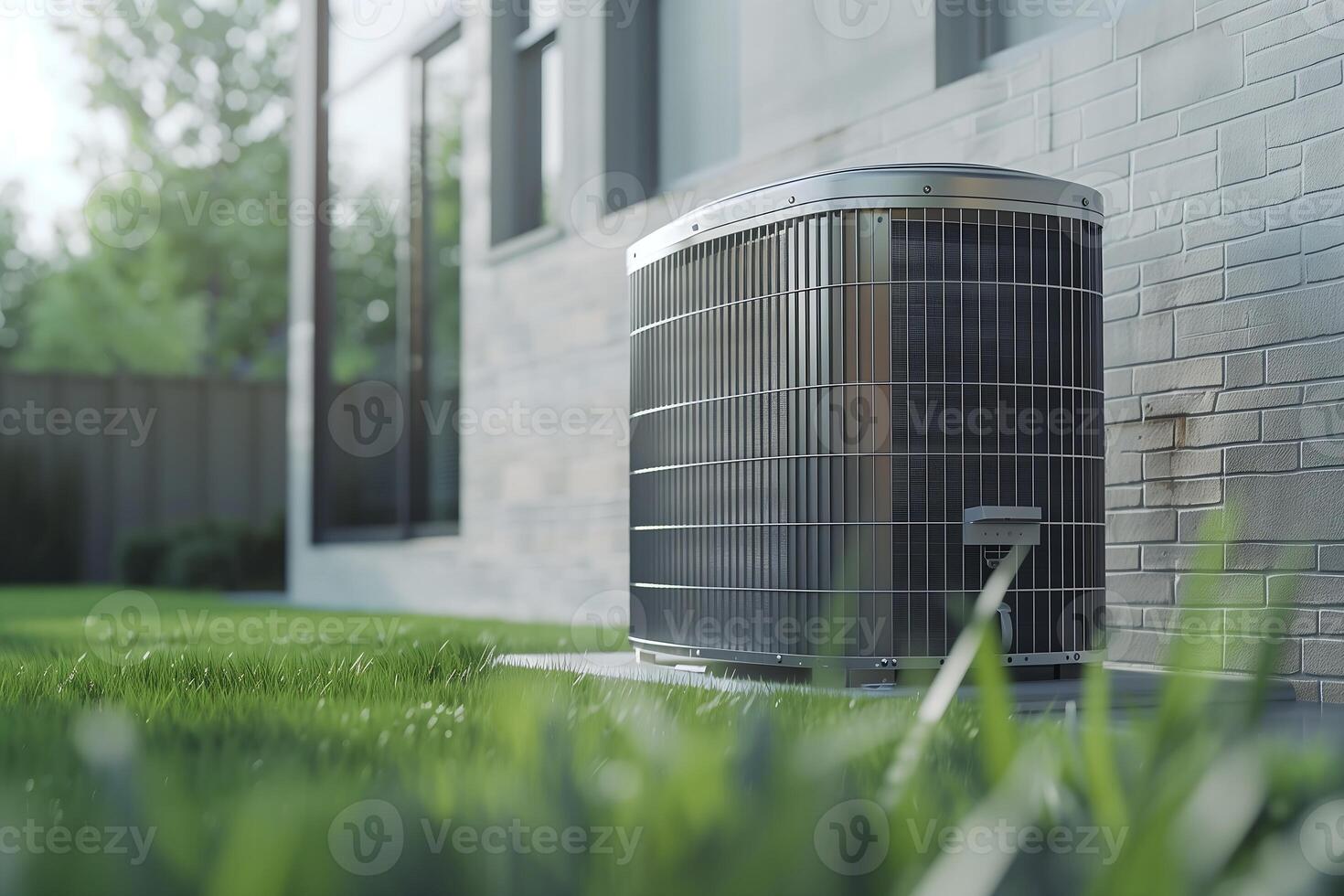 utomhus- luft konditionering enhet är graciöst placerad Bakom de vägg i de bakgård av de hus foto