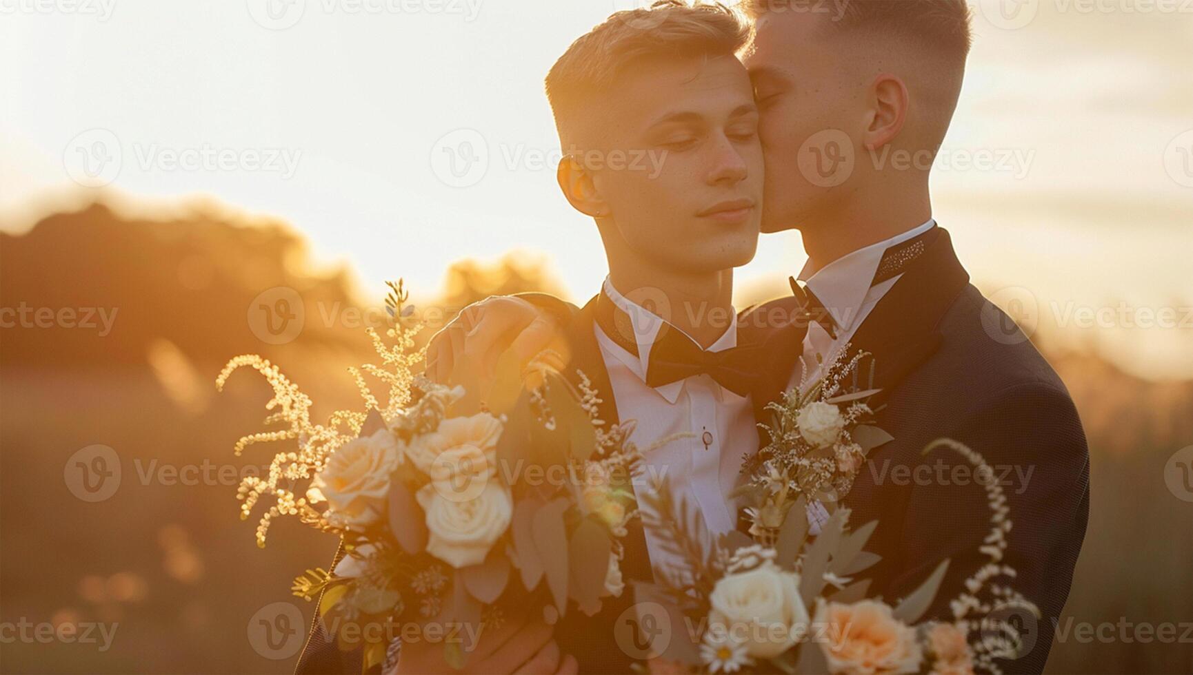 fotografi av två stilig ung män i smoking och rosett slips, innehav bröllop bukett på solnedgång, Gay par foto