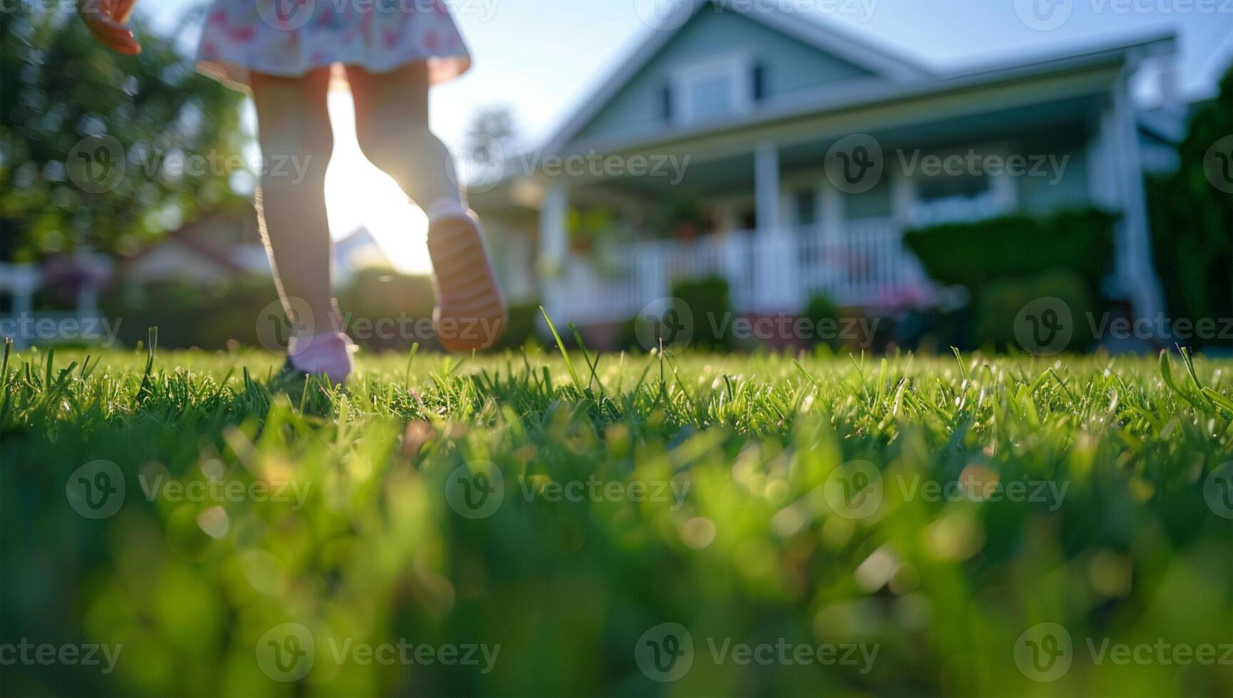 närbild av en ung Pojkar fötter löpning på grön gräs i de främre gård med en modern hus i de bakgrund. foto