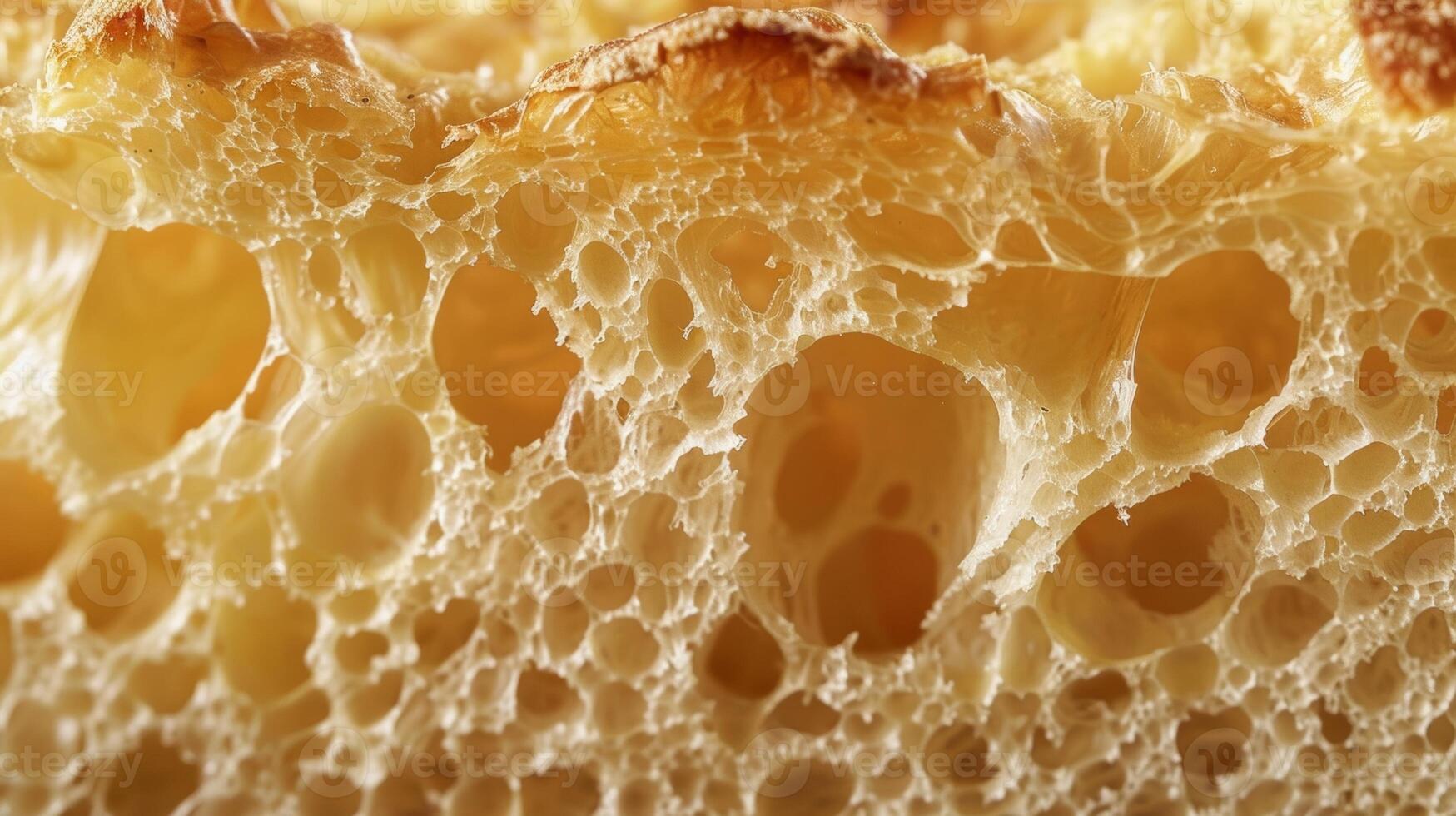 en närbild av en korsa sektion av en limpa av bröd avslöjande dess luftig hålig strukturera och gyllene Krispig skorpa foto