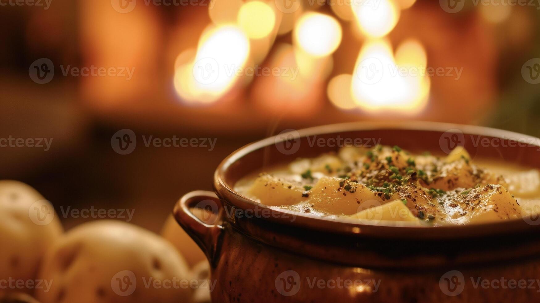 en Lycklig skål med ett inbjudande leende överfyllda med en rik och eftergiven potatis soppa. de värma glöd från de öppen spis strålar bekvämlighet och mysighet foto