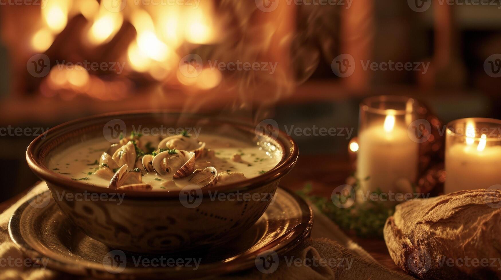 ta en sittplats förbi de öppen spis och unna sig i en ångande skål av krämig mussla chowder b med bitar av anbud musslor och perfekt balanserad smaker. de sprakande brand och hjärta foto