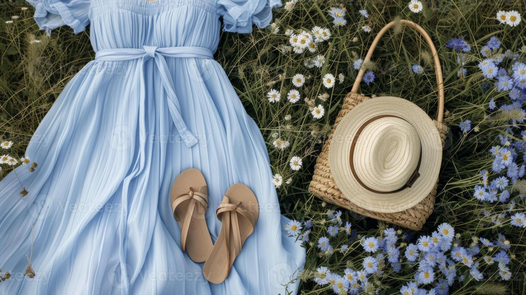 en flytande himmel blå s med en älskling urringning parade med vävd sandaler och en sugrör väska perfekt för en picknick i en fält av vild foto