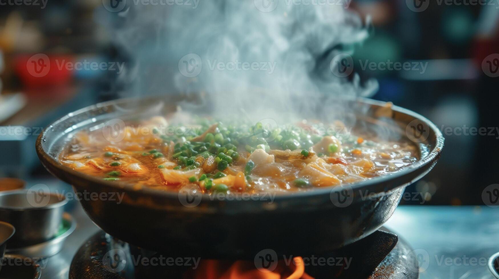 en ångande pott av vibrerande y buljong spricker med smak omgiven förbi en flammande inferno den där kommer värma du från de inuti ut foto