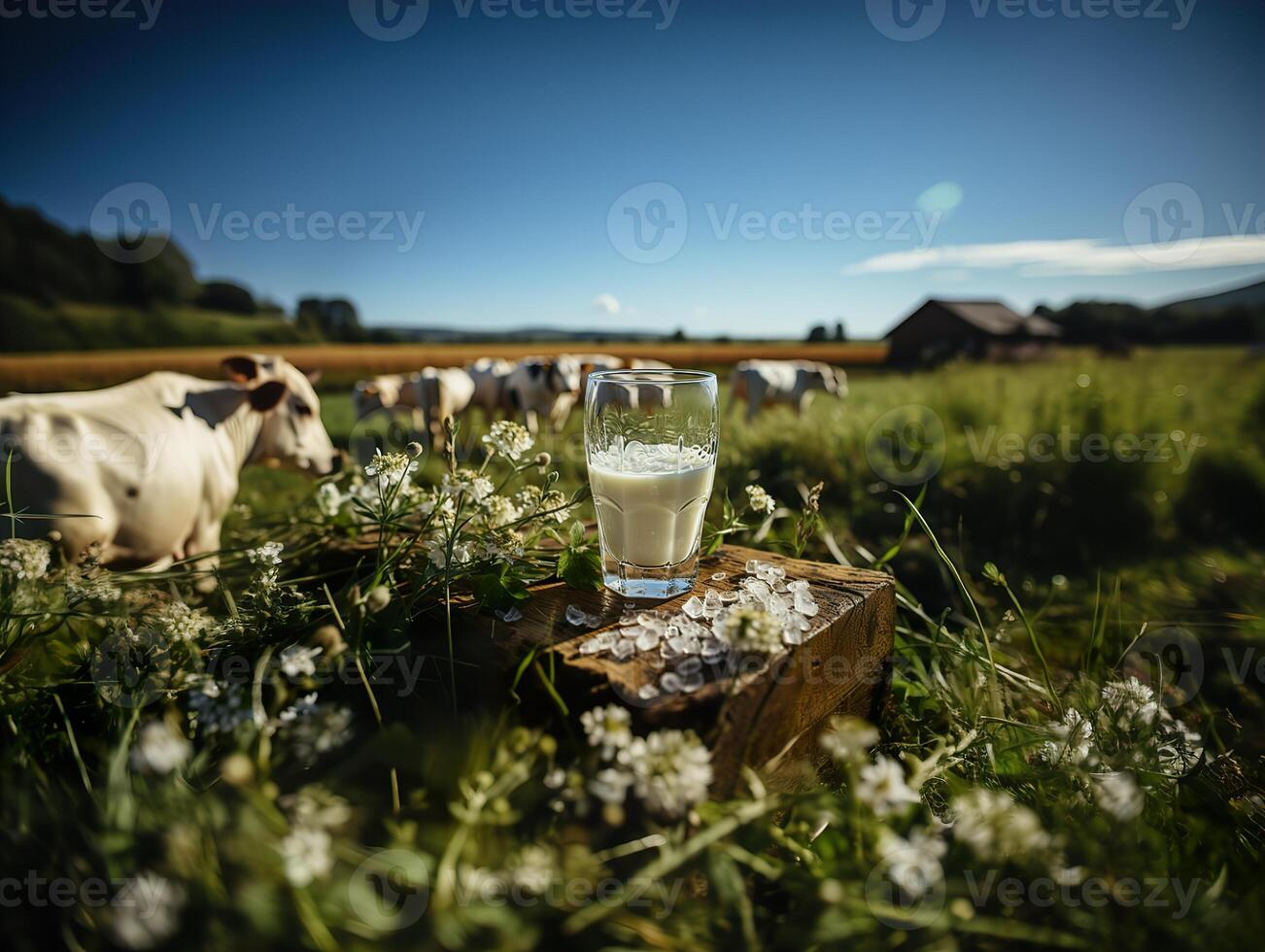 ai genererad en glas av mjölk på de bakgrund av en besättning av kor generativ ai foto