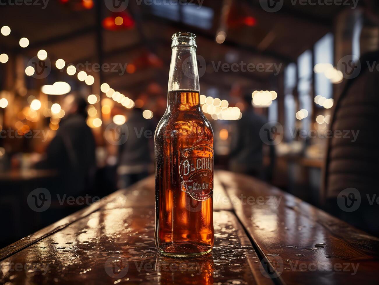 ai genererad flaska av öl på de bar disken suddig bakgrund i bokeh generativ ai foto