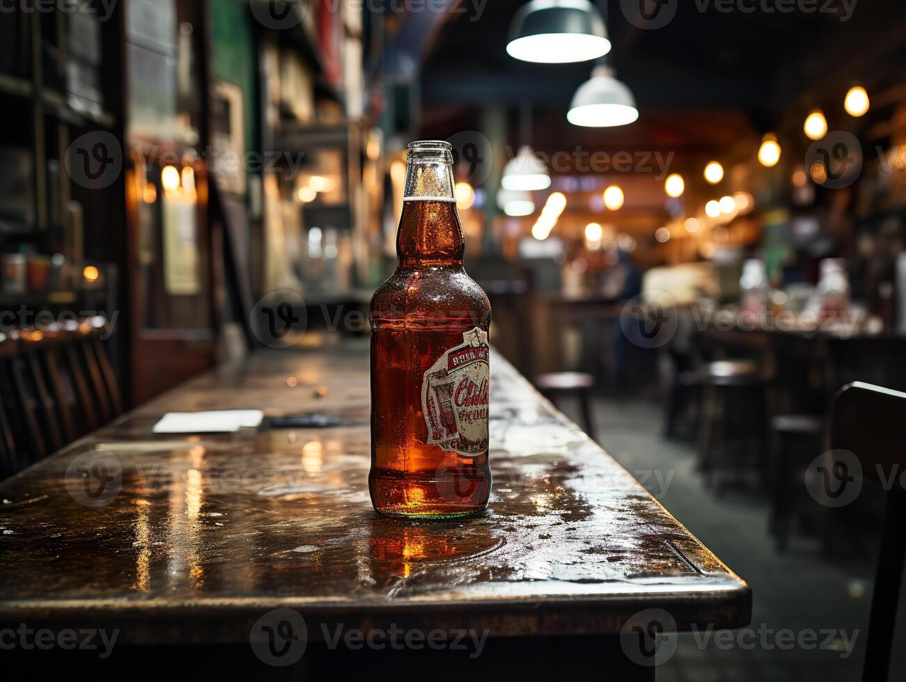 ai genererad flaska av öl på de bar disken suddig bakgrund i bokeh generativ ai foto