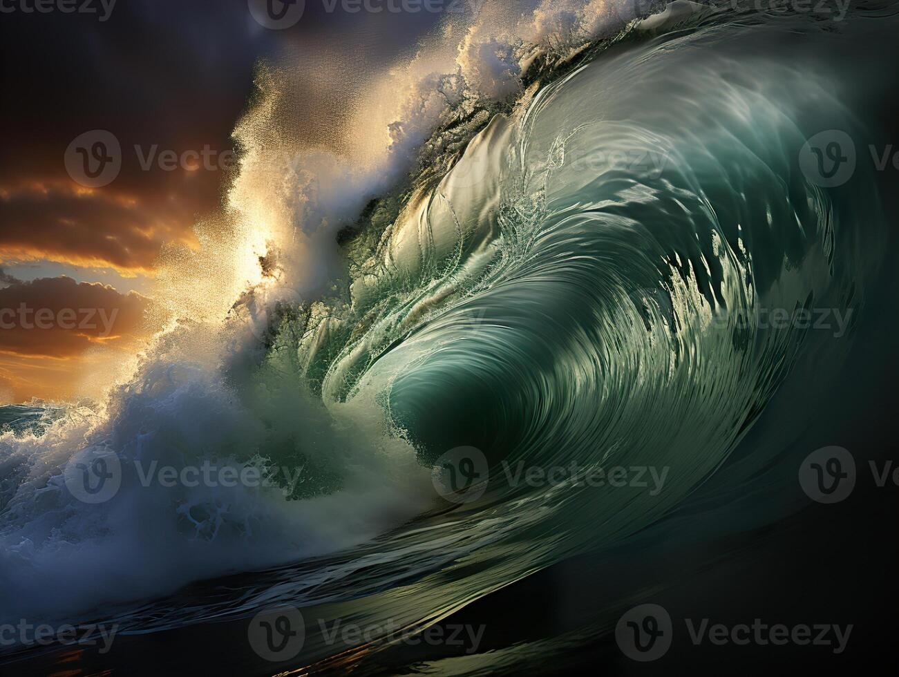 ai genererad virvlande vågor på de bakgrund av de solnedgång skum hav generativ ai foto