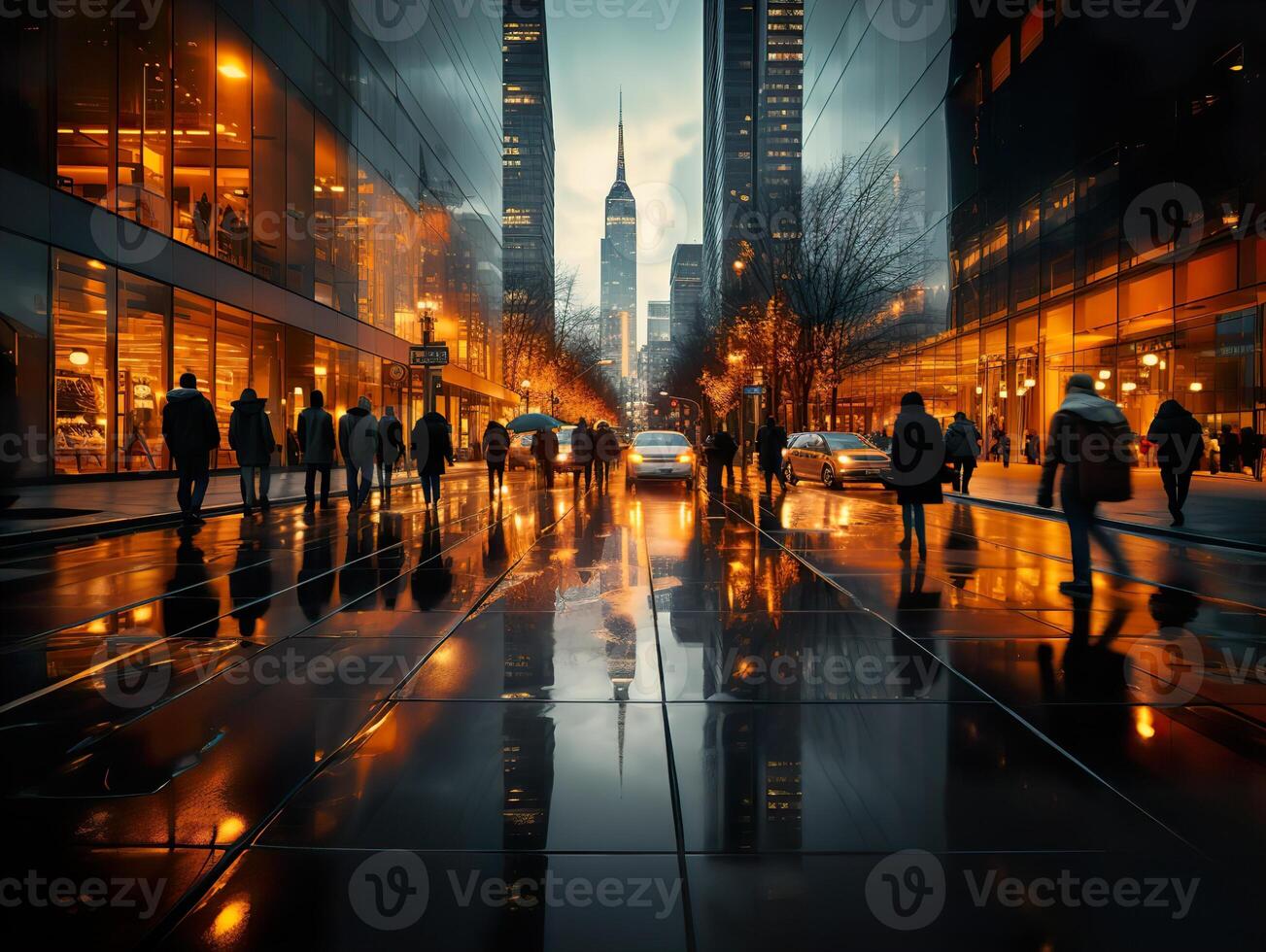 ai genererad människor på de gator av de kväll stad reflexion generativ ai foto