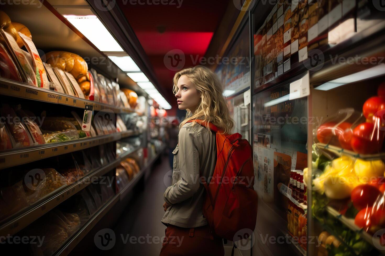 ai genererad ställer ut med Produkter i de mataffär generativ ai foto