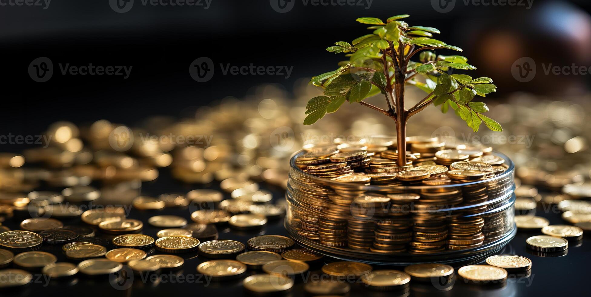 ai genererad pengar träd på de bakgrund av mynt generativ ai foto