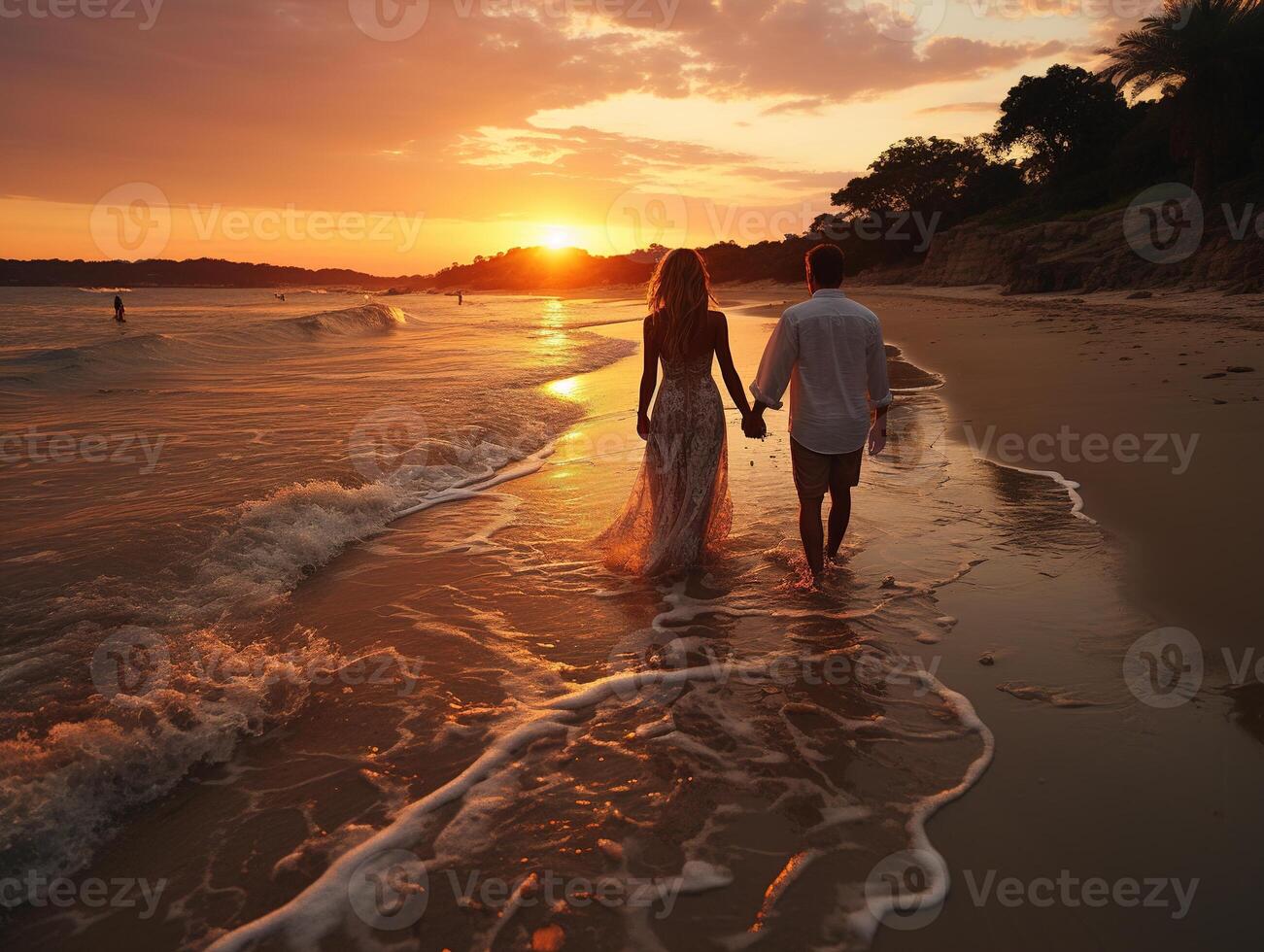 ai genererad par i kärlek gående längs de strand på solnedgång generativ ai foto