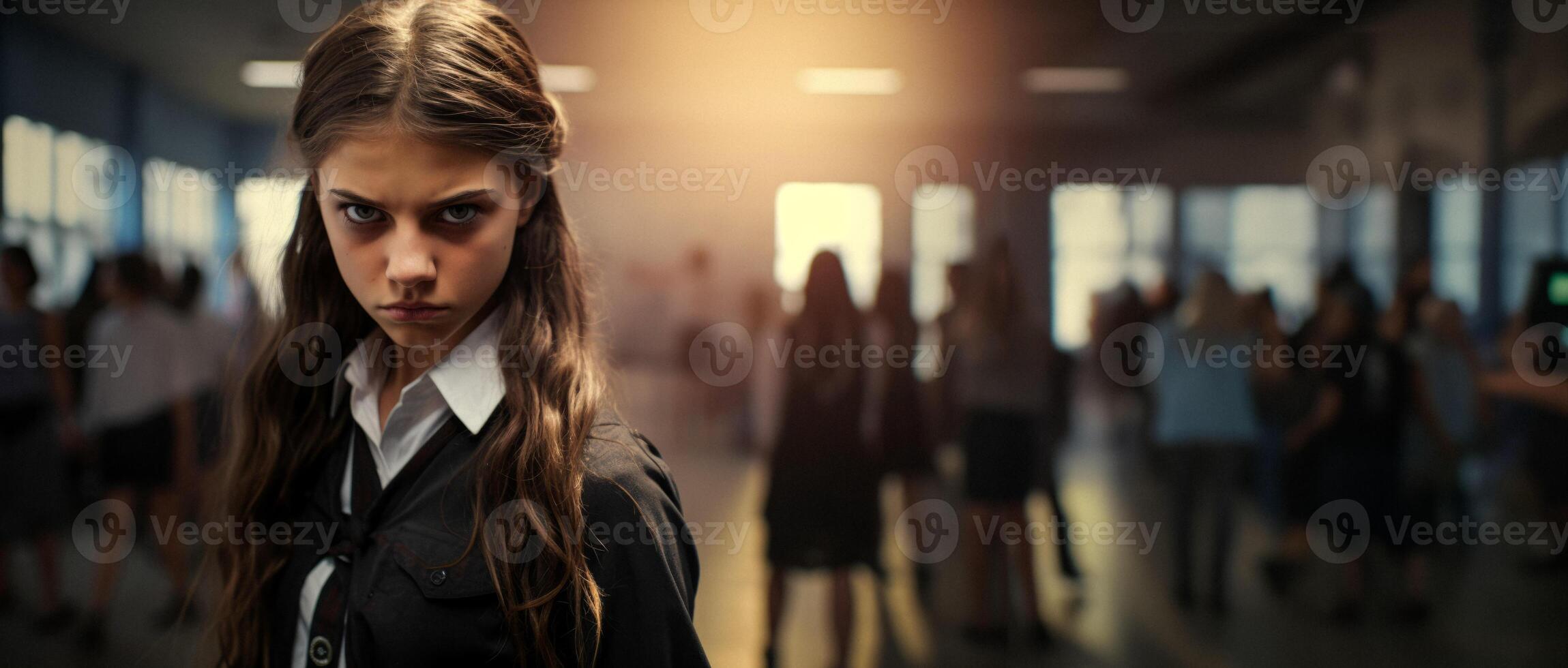 ai genererad arg flicka i en skola korridor porträtt närbild generativ ai foto