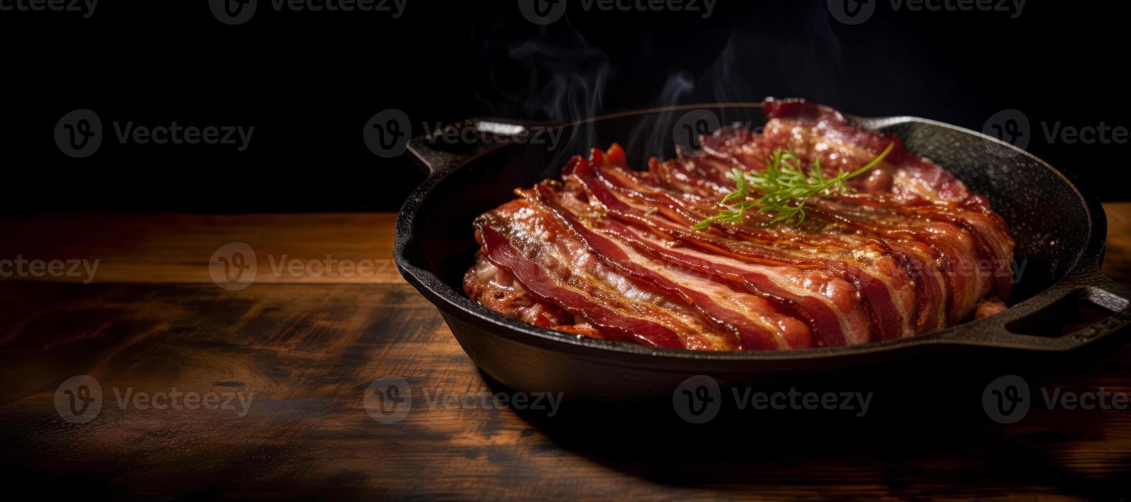 ai genererad friterad bacon i en fräsning panorera generativ ai foto