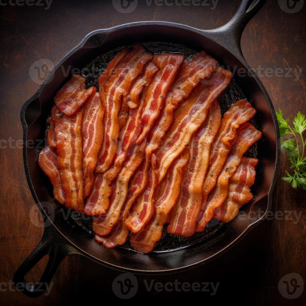 ai genererad friterad bacon i en fräsning panorera generativ ai foto