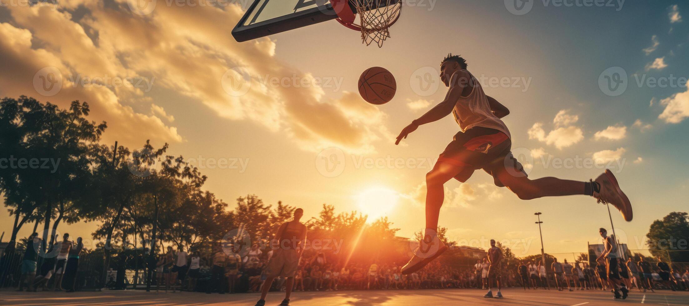 ai genererad basketboll spelare kastar de boll in i de ring generativ ai foto