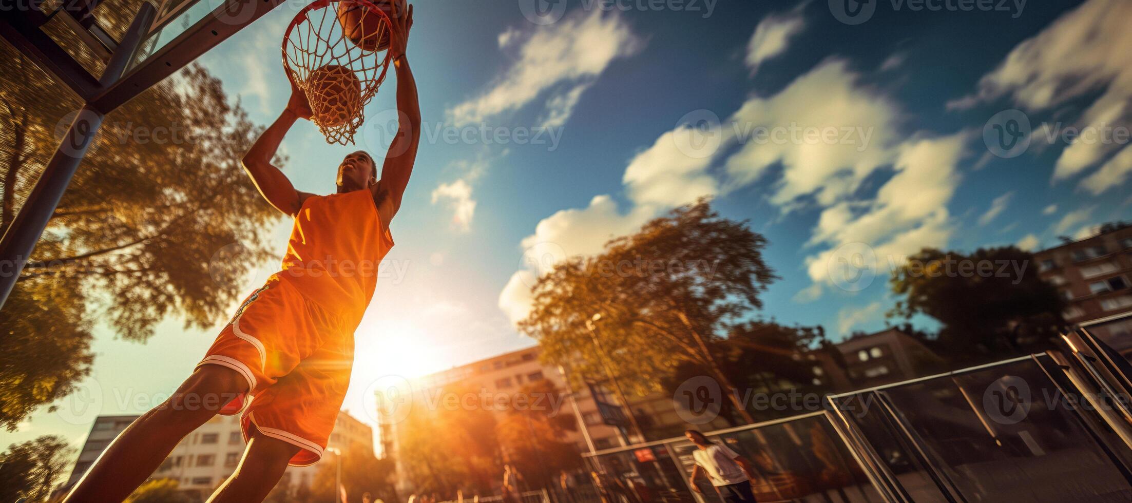 ai genererad basketboll spelare kastar de boll in i de ring generativ ai foto