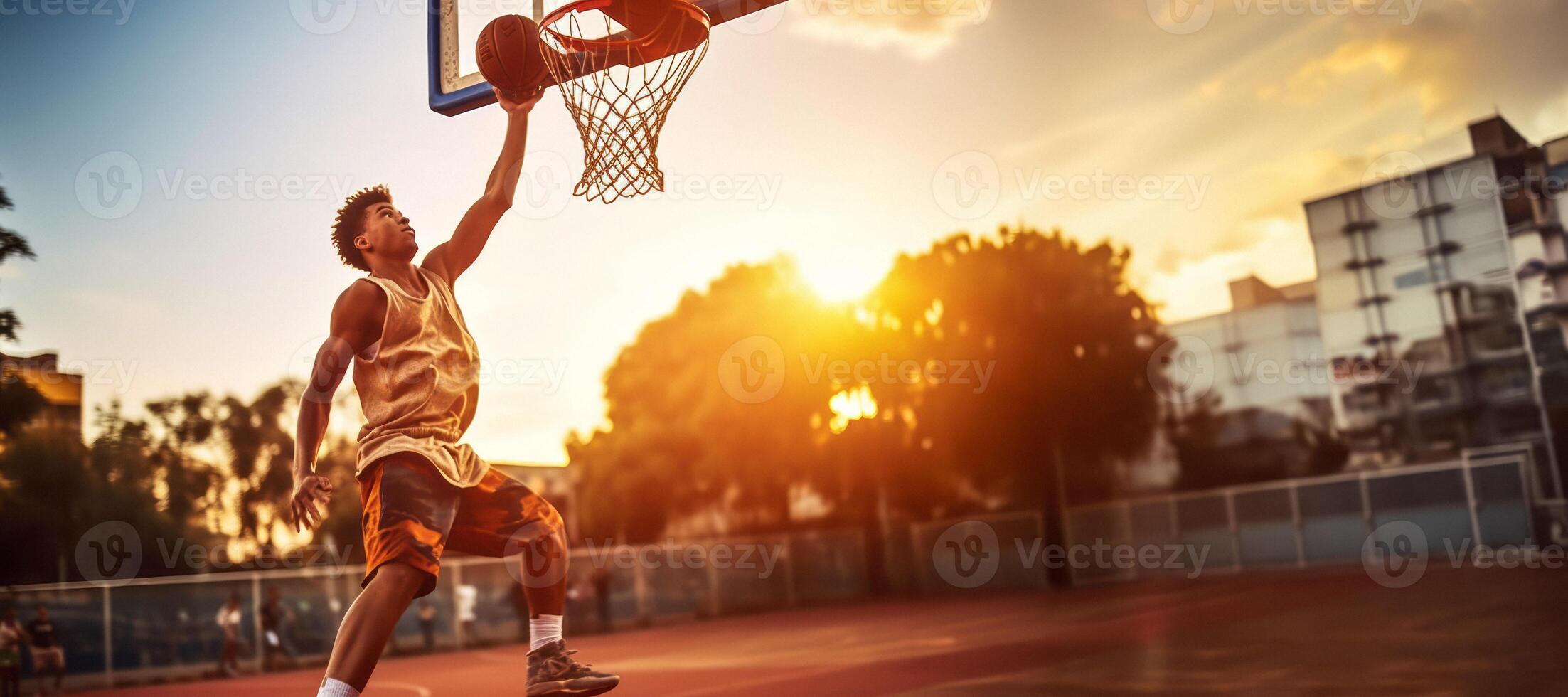 ai genererad basketboll spelare kastar de boll in i de ring generativ ai foto